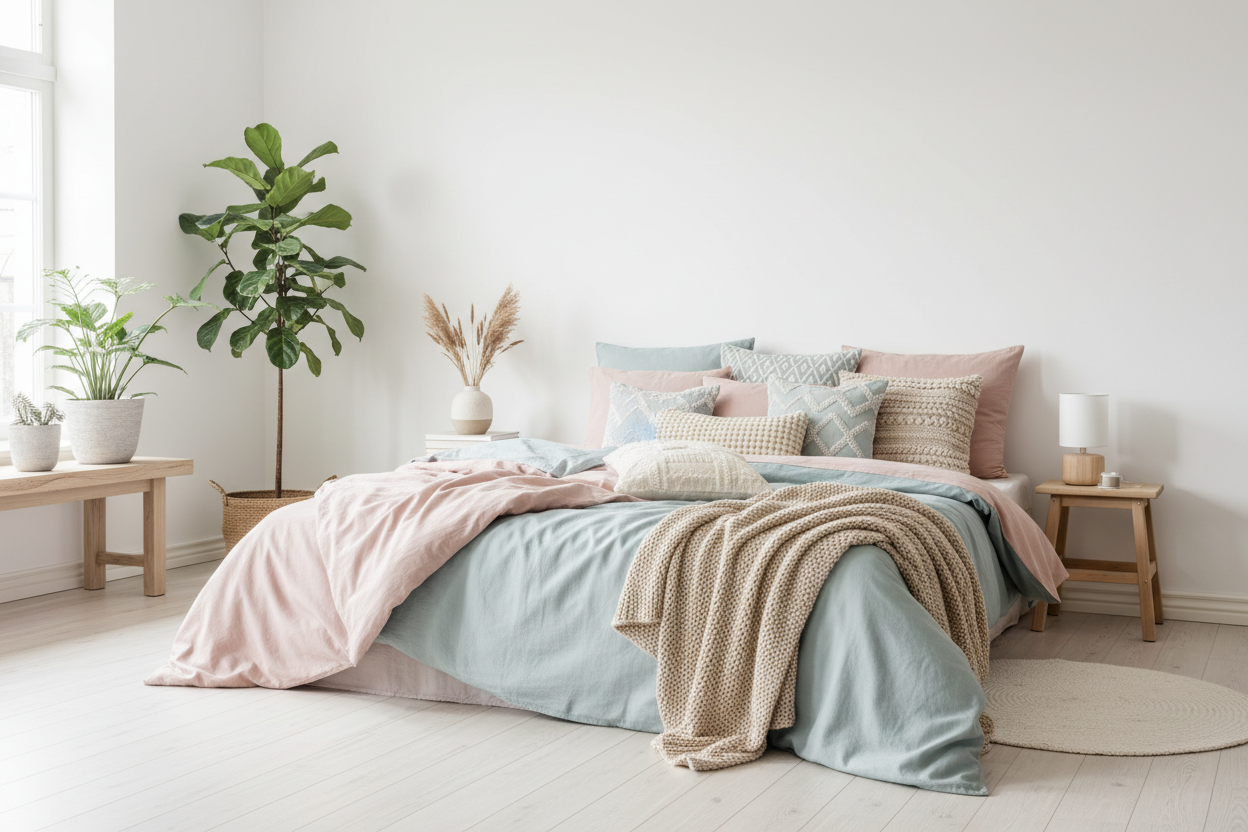 Scandinavian-style bedroom with soft pastel bedding, decorative cushions, cozy throw pillows, clean white walls, wooden floor, natural plants, soft daylight, calm and minimal aesthetic, premium home décor brand feel, realistic photography, ultra HD, no humans